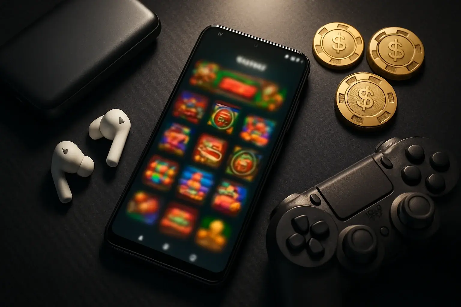 Premium smartphone casino setup with accessories and golden chips flat lay