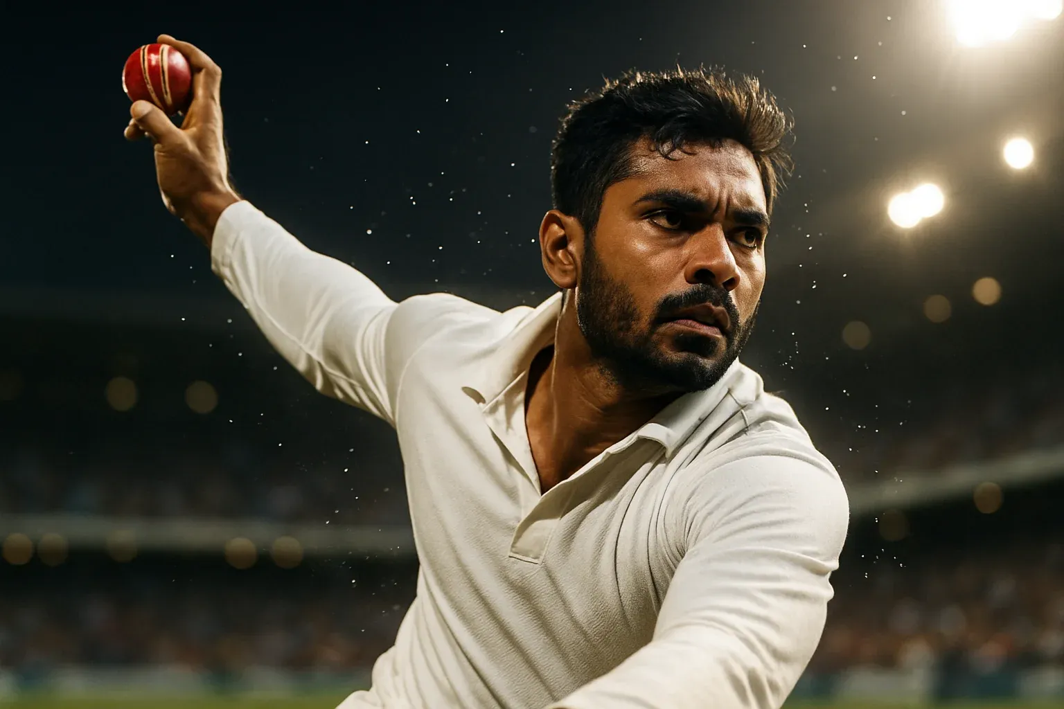 Bangladeshi male cricket bowler delivering ball under stadium lights
