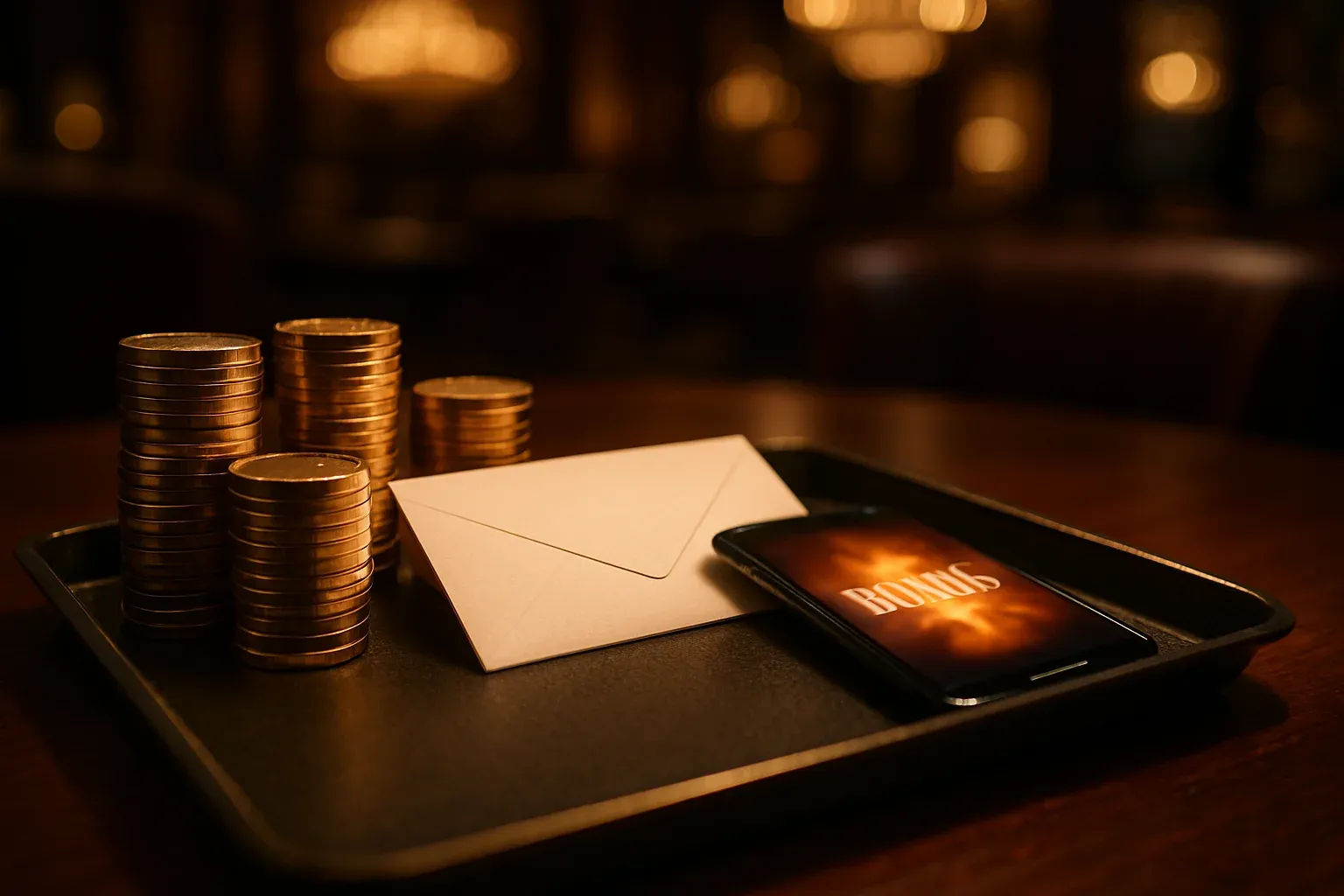 Luxury tray with golden chips, gift envelope, and bonus smartphone