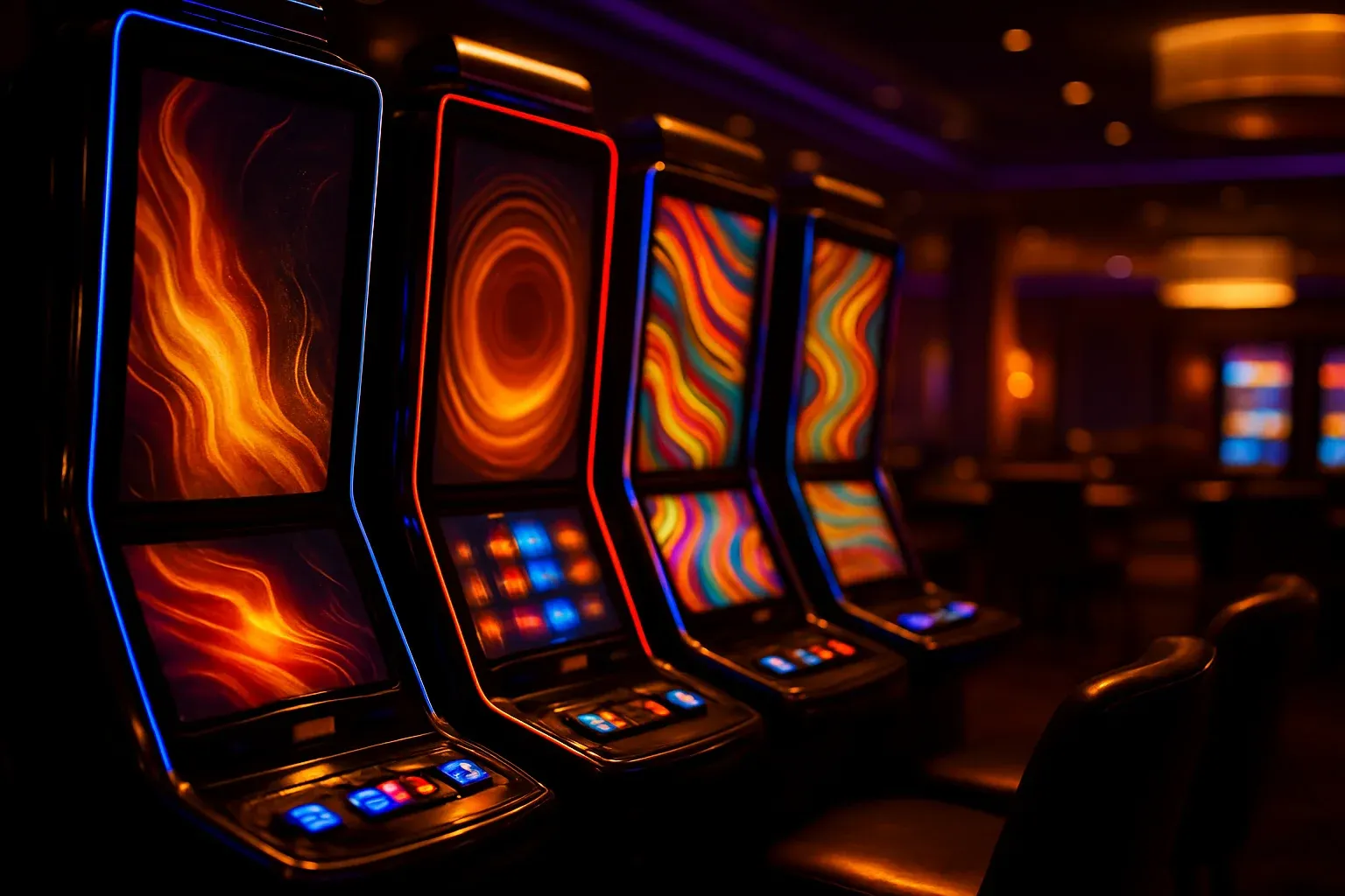 Colorful casino game screens glowing in a dark neon lounge