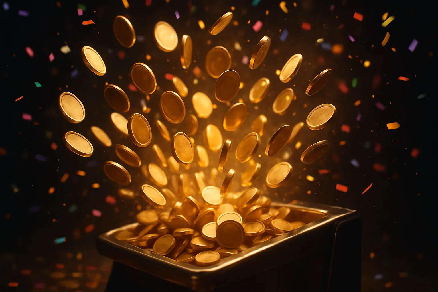 Golden coins bursting from slot machine tray in cinematic jackpot celebration